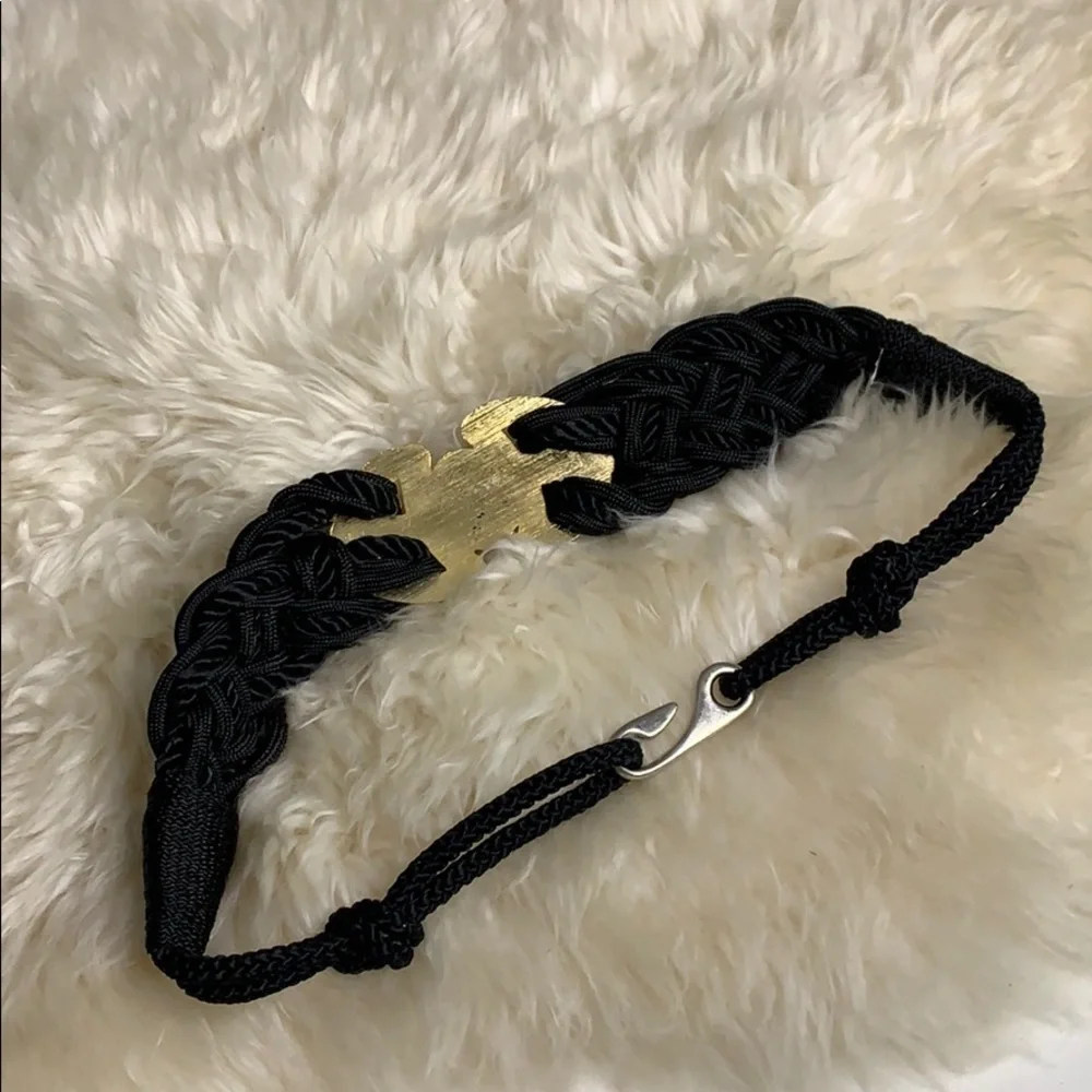 Vintage 80s Black Rope Gold Buckle Faux Pearl waist belt hook loop closure women